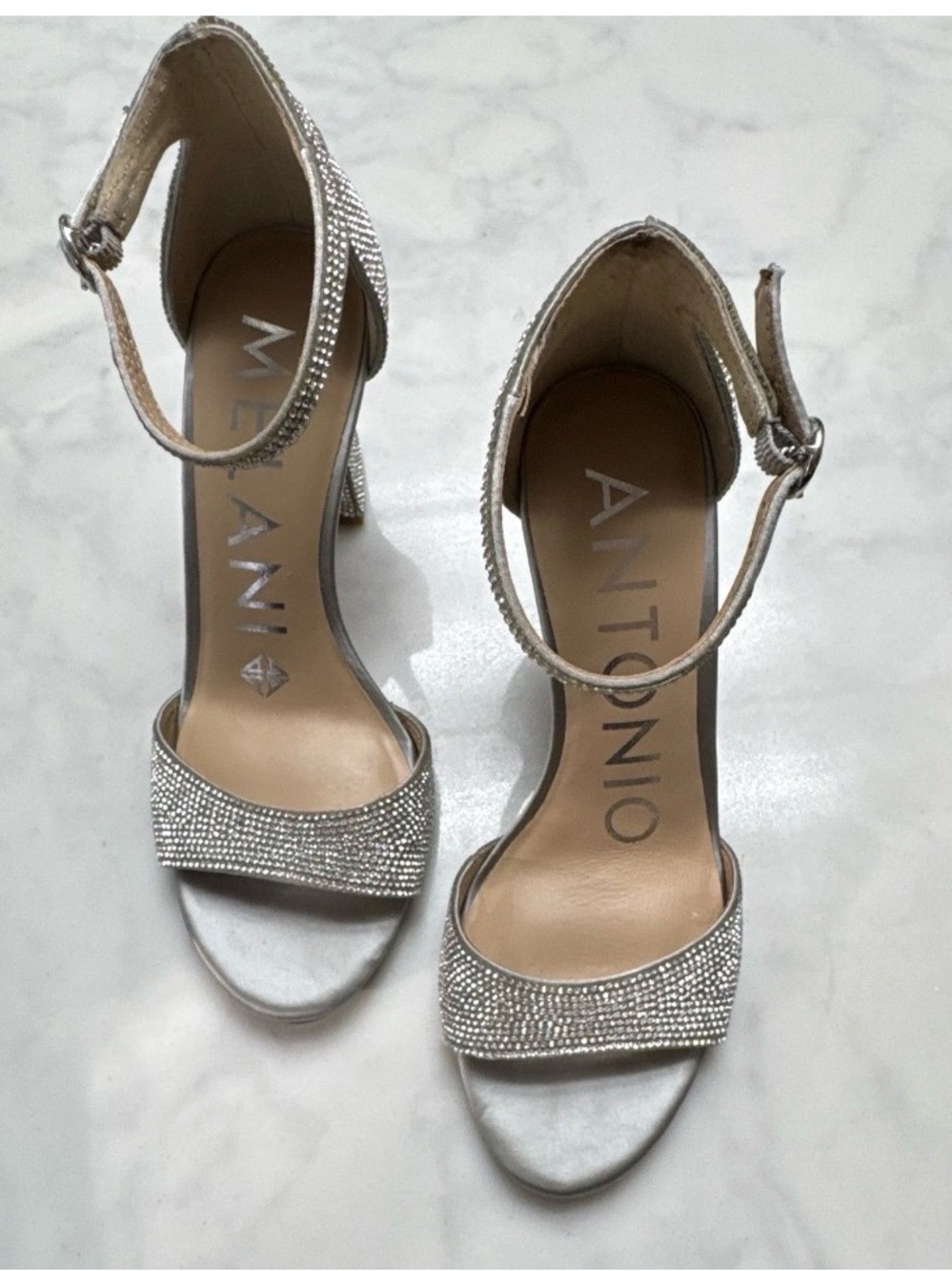 ANTONIO MELANI Silver Crystal Block Heel Sandals - Picture 3 of 4